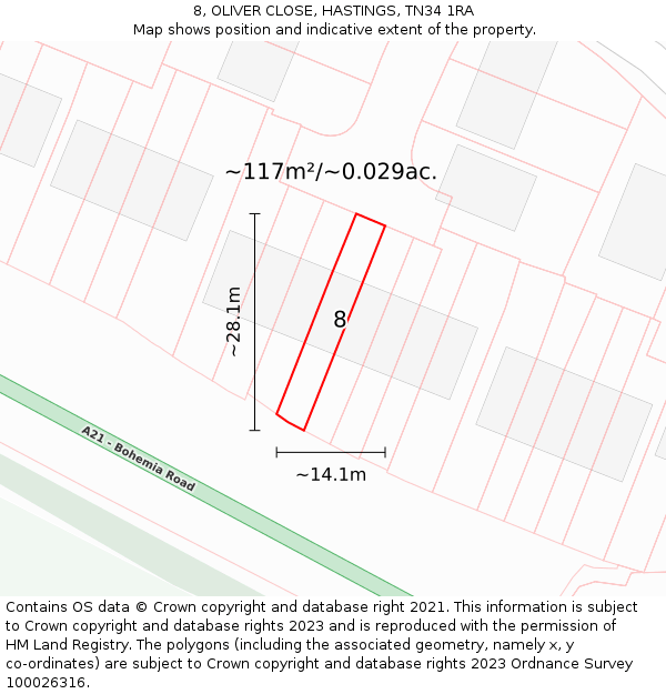 8, OLIVER CLOSE, HASTINGS, TN34 1RA: Plot and title map