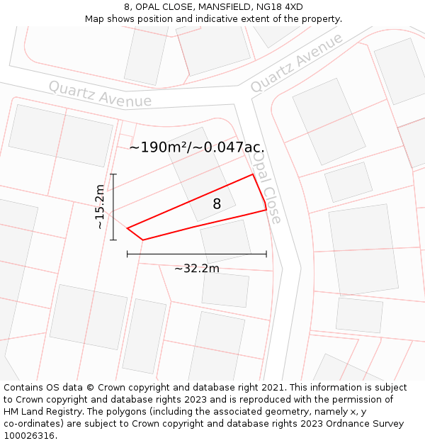 8, OPAL CLOSE, MANSFIELD, NG18 4XD: Plot and title map