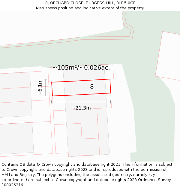 8, ORCHARD CLOSE, BURGESS HILL, RH15 0GF: Plot and title map