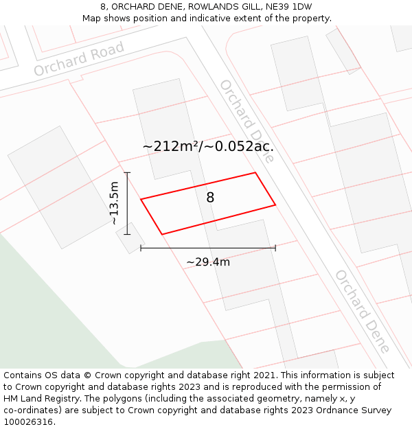 8, ORCHARD DENE, ROWLANDS GILL, NE39 1DW: Plot and title map