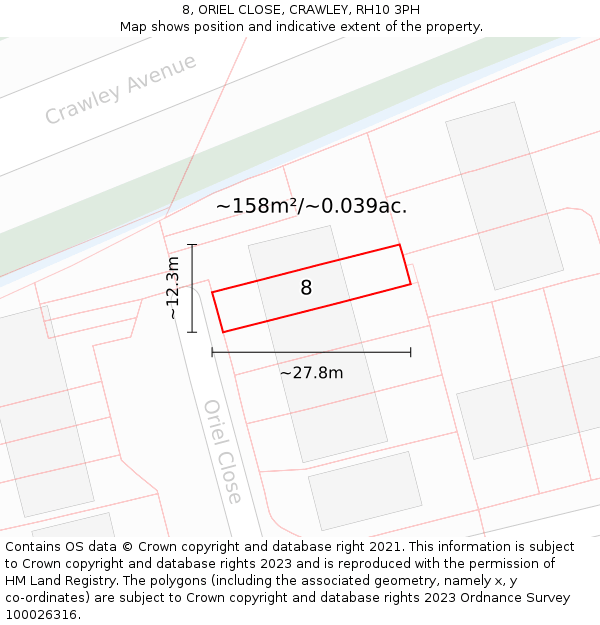 8, ORIEL CLOSE, CRAWLEY, RH10 3PH: Plot and title map