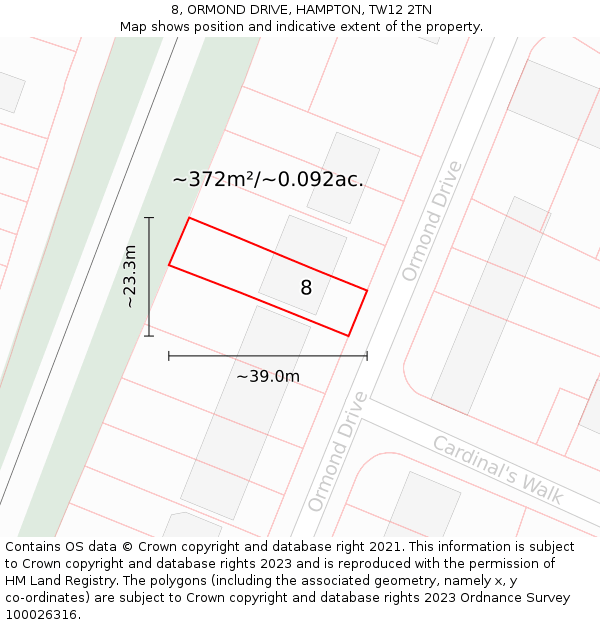 8, ORMOND DRIVE, HAMPTON, TW12 2TN: Plot and title map