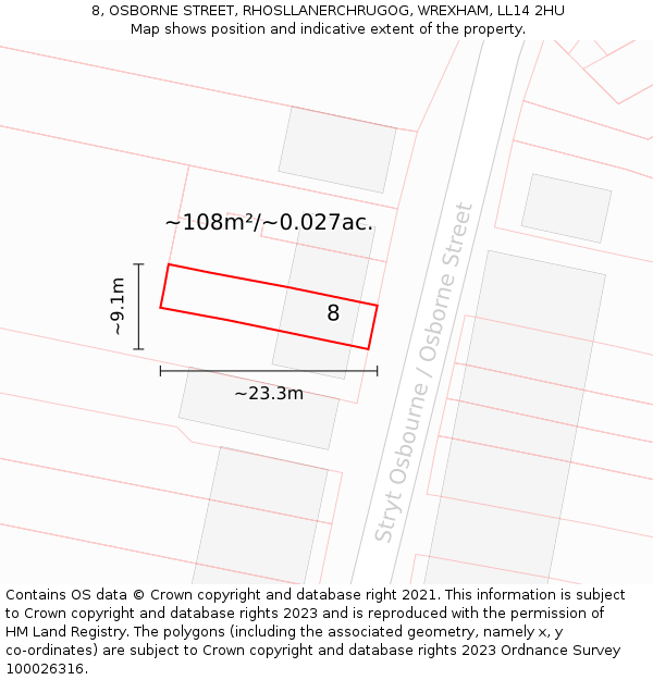 8, OSBORNE STREET, RHOSLLANERCHRUGOG, WREXHAM, LL14 2HU: Plot and title map