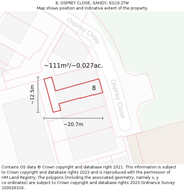8, OSPREY CLOSE, SANDY, SG19 2TW: Plot and title map