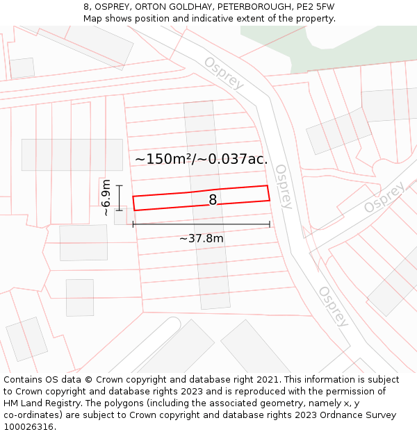 8, OSPREY, ORTON GOLDHAY, PETERBOROUGH, PE2 5FW: Plot and title map