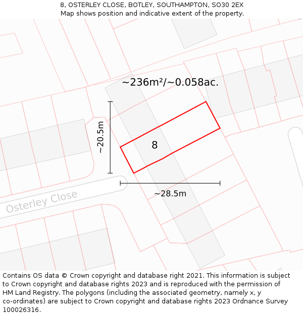 8, OSTERLEY CLOSE, BOTLEY, SOUTHAMPTON, SO30 2EX: Plot and title map