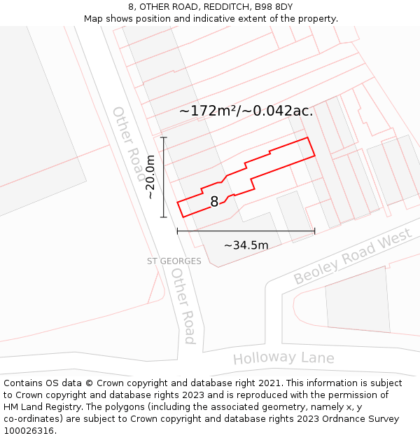 8, OTHER ROAD, REDDITCH, B98 8DY: Plot and title map