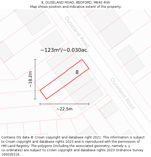 8, OUSELAND ROAD, BEDFORD, MK40 4NX: Plot and title map