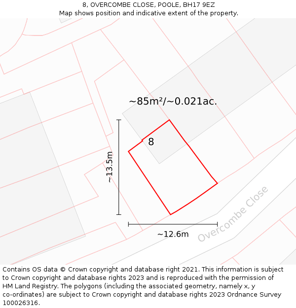8, OVERCOMBE CLOSE, POOLE, BH17 9EZ: Plot and title map