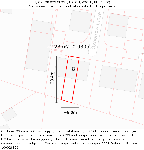 8, OXBORROW CLOSE, UPTON, POOLE, BH16 5DQ: Plot and title map