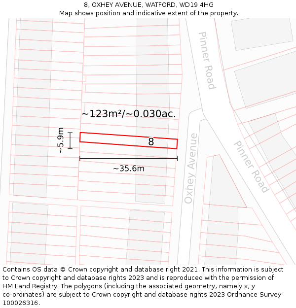 8, OXHEY AVENUE, WATFORD, WD19 4HG: Plot and title map
