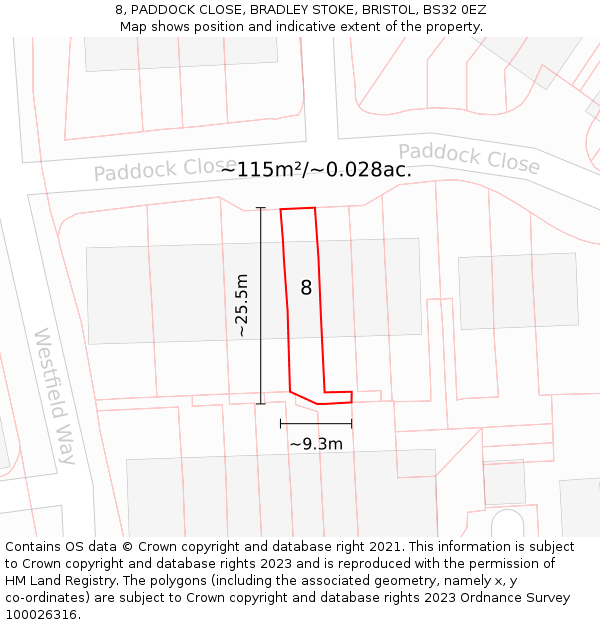 8, PADDOCK CLOSE, BRADLEY STOKE, BRISTOL, BS32 0EZ: Plot and title map