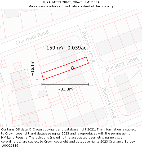8, PALMERS DRIVE, GRAYS, RM17 5RA: Plot and title map