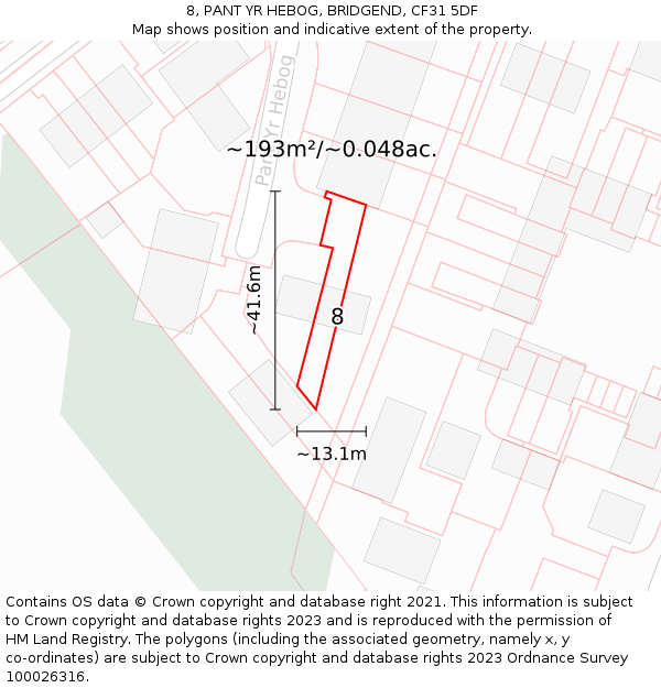 8, PANT YR HEBOG, BRIDGEND, CF31 5DF: Plot and title map