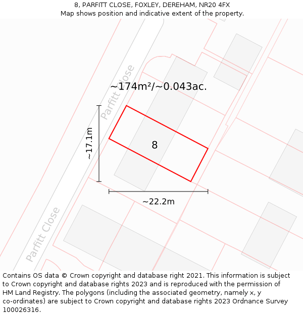 8, PARFITT CLOSE, FOXLEY, DEREHAM, NR20 4FX: Plot and title map