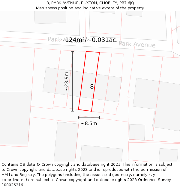 8, PARK AVENUE, EUXTON, CHORLEY, PR7 6JQ: Plot and title map