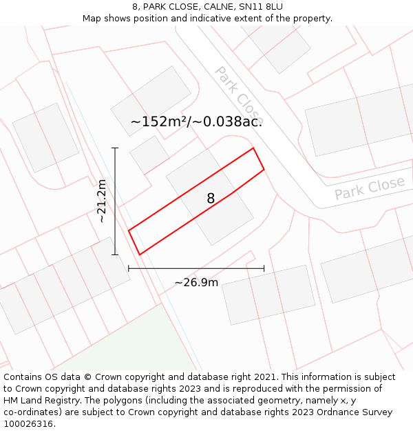 8, PARK CLOSE, CALNE, SN11 8LU: Plot and title map