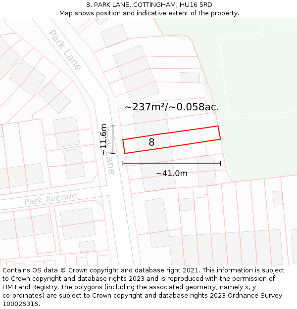 8, PARK LANE, COTTINGHAM, HU16 5RD: Plot and title map