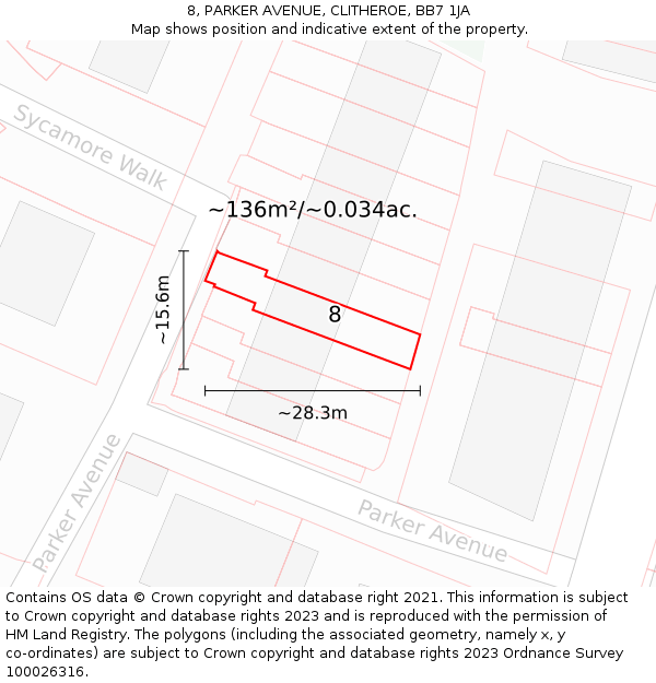 8, PARKER AVENUE, CLITHEROE, BB7 1JA: Plot and title map