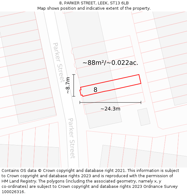 8, PARKER STREET, LEEK, ST13 6LB: Plot and title map