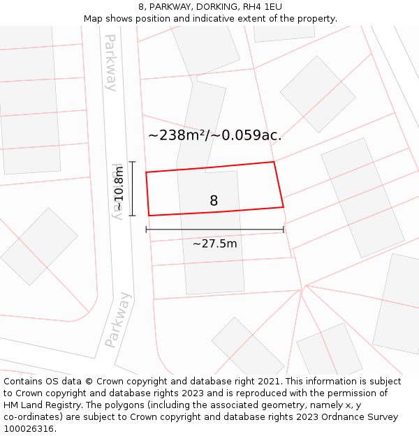 8, PARKWAY, DORKING, RH4 1EU: Plot and title map