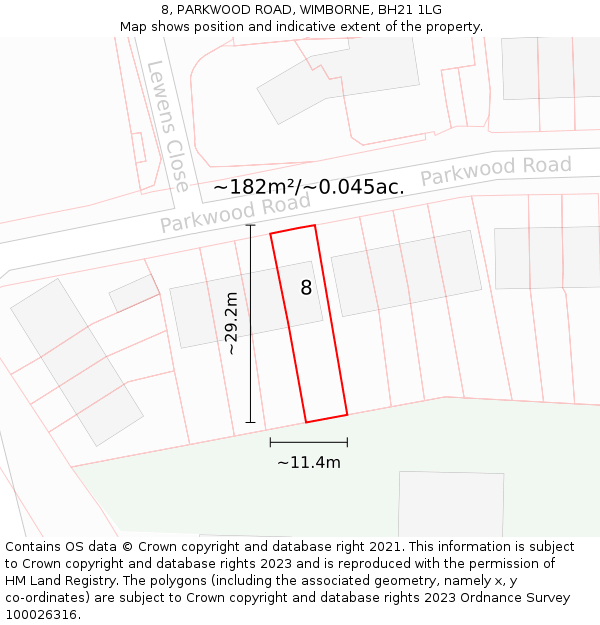 8, PARKWOOD ROAD, WIMBORNE, BH21 1LG: Plot and title map