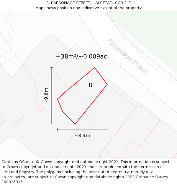 8, PARSONAGE STREET, HALSTEAD, CO9 2LD: Plot and title map