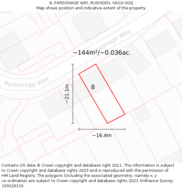 8, PARSONAGE WAY, RUSHDEN, NN10 0GQ: Plot and title map