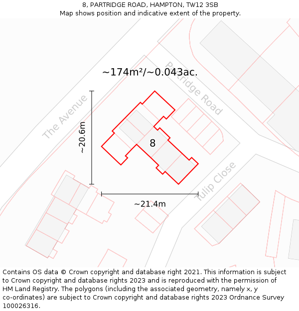 8, PARTRIDGE ROAD, HAMPTON, TW12 3SB: Plot and title map