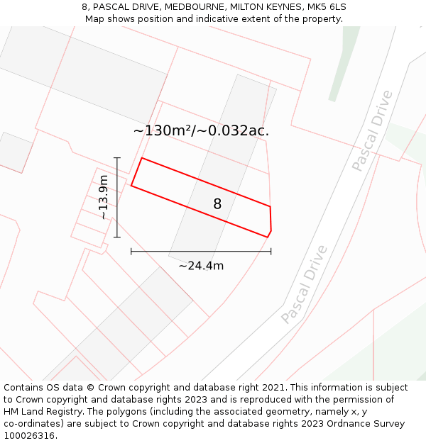 8, PASCAL DRIVE, MEDBOURNE, MILTON KEYNES, MK5 6LS: Plot and title map