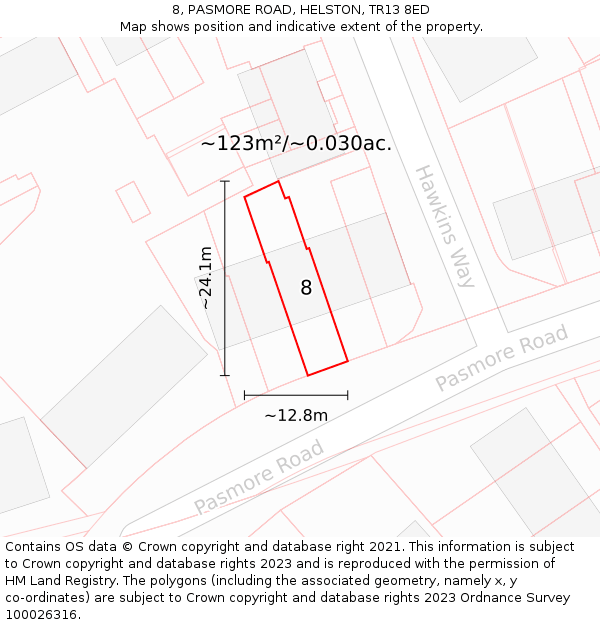 8, PASMORE ROAD, HELSTON, TR13 8ED: Plot and title map