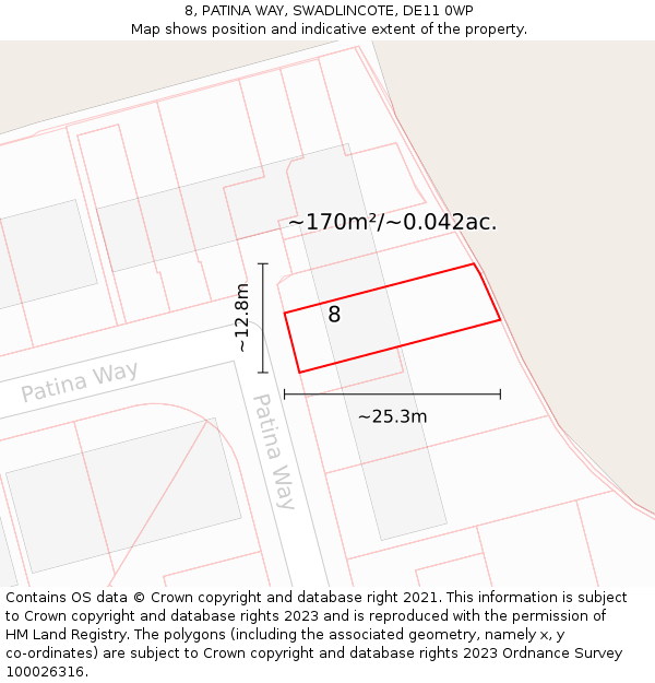 8, PATINA WAY, SWADLINCOTE, DE11 0WP: Plot and title map