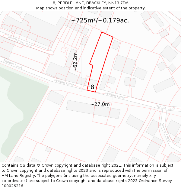 8, PEBBLE LANE, BRACKLEY, NN13 7DA: Plot and title map