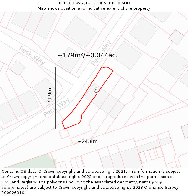 8, PECK WAY, RUSHDEN, NN10 6BD: Plot and title map