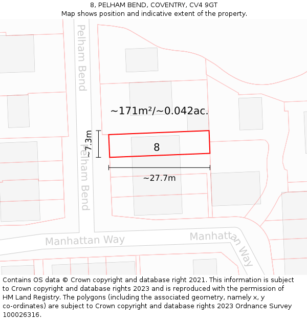 8, PELHAM BEND, COVENTRY, CV4 9GT: Plot and title map