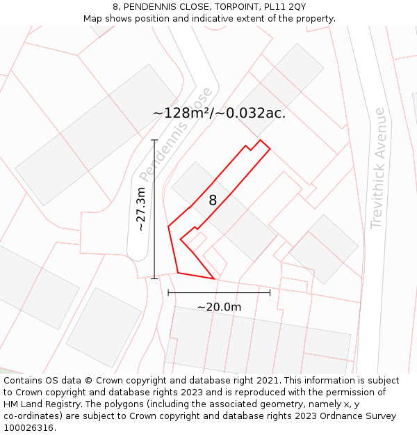 8, PENDENNIS CLOSE, TORPOINT, PL11 2QY: Plot and title map