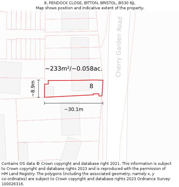 8, PENDOCK CLOSE, BITTON, BRISTOL, BS30 6JL: Plot and title map