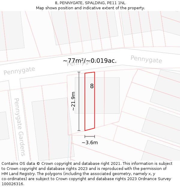 8, PENNYGATE, SPALDING, PE11 1NL: Plot and title map