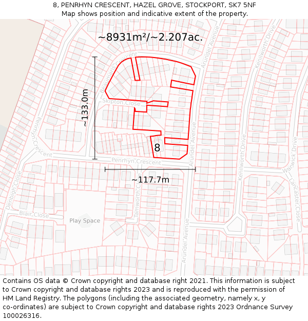 8, PENRHYN CRESCENT, HAZEL GROVE, STOCKPORT, SK7 5NF: Plot and title map
