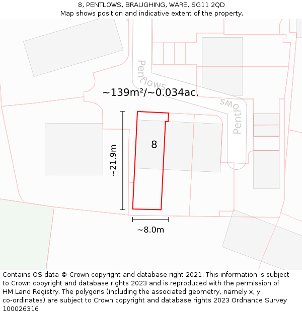 8, PENTLOWS, BRAUGHING, WARE, SG11 2QD: Plot and title map