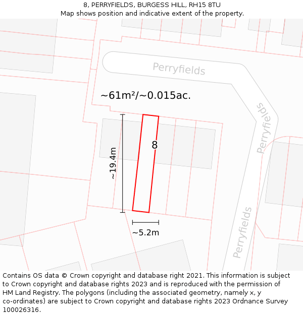 8, PERRYFIELDS, BURGESS HILL, RH15 8TU: Plot and title map