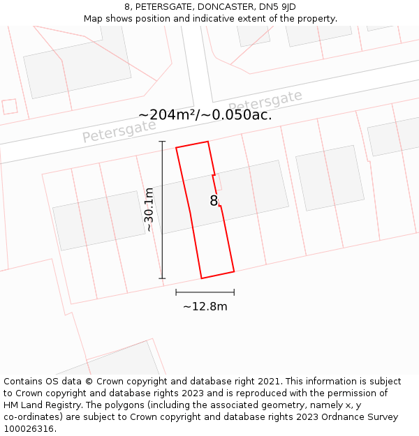 8, PETERSGATE, DONCASTER, DN5 9JD: Plot and title map