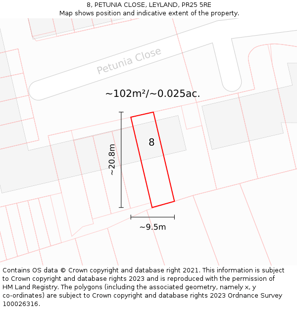 8, PETUNIA CLOSE, LEYLAND, PR25 5RE: Plot and title map