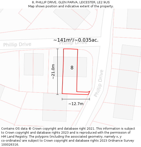 8, PHILLIP DRIVE, GLEN PARVA, LEICESTER, LE2 9US: Plot and title map