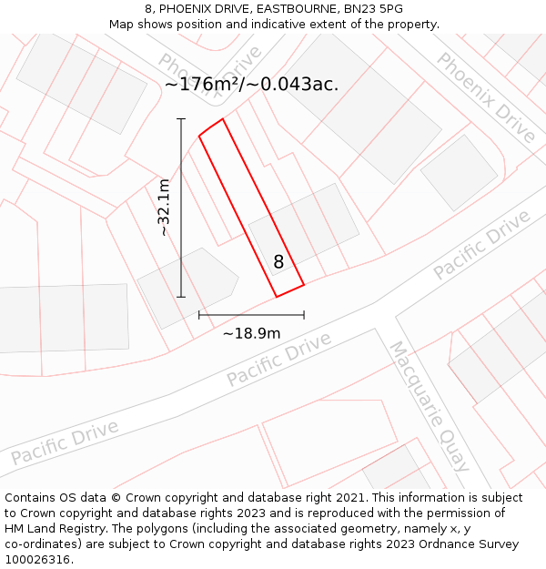 8, PHOENIX DRIVE, EASTBOURNE, BN23 5PG: Plot and title map