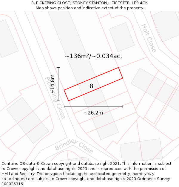 8, PICKERING CLOSE, STONEY STANTON, LEICESTER, LE9 4GN: Plot and title map