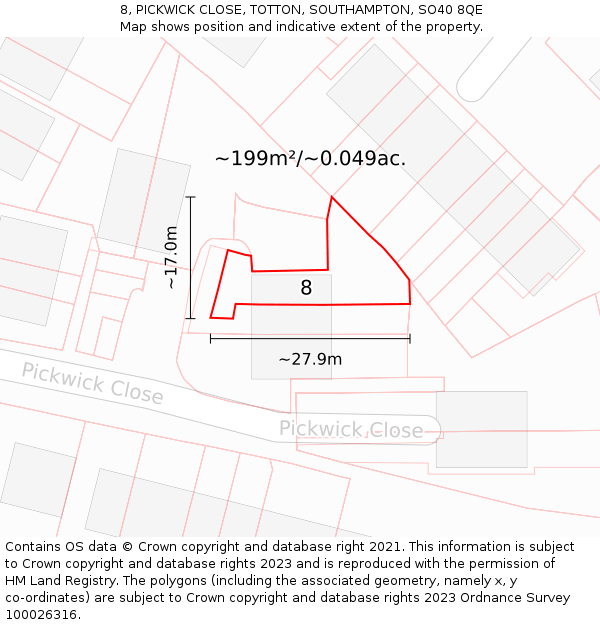 8, PICKWICK CLOSE, TOTTON, SOUTHAMPTON, SO40 8QE: Plot and title map