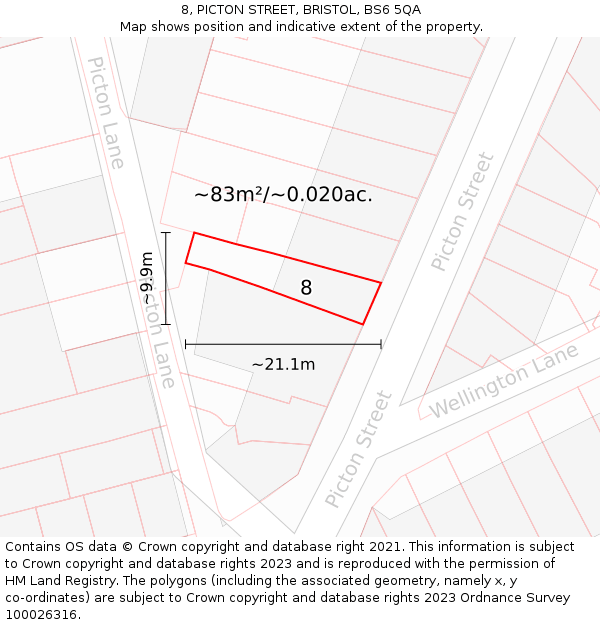 8, PICTON STREET, BRISTOL, BS6 5QA: Plot and title map