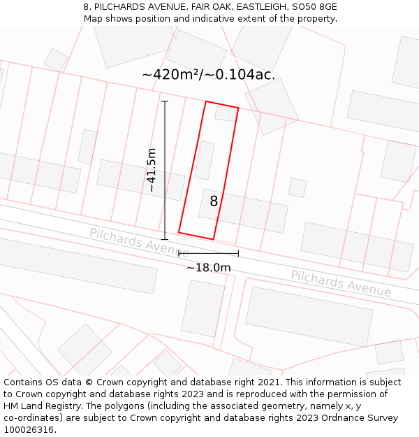 8, PILCHARDS AVENUE, FAIR OAK, EASTLEIGH, SO50 8GE: Plot and title map