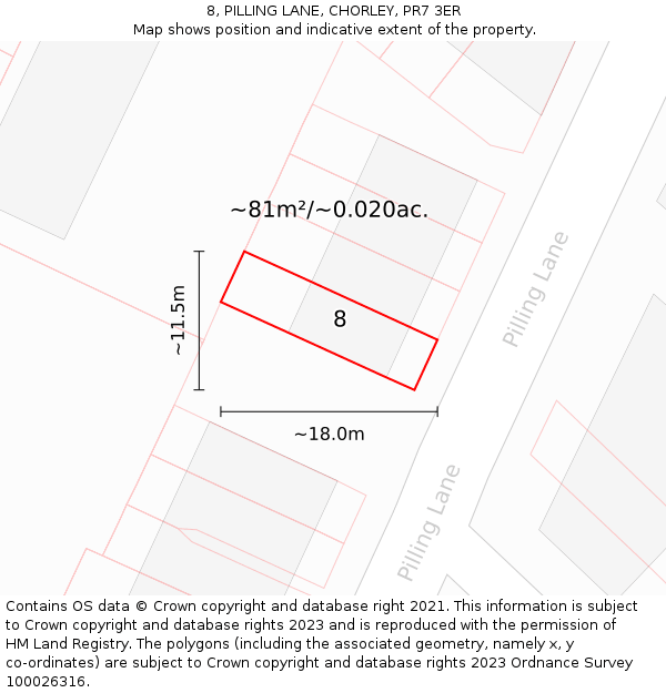 8, PILLING LANE, CHORLEY, PR7 3ER: Plot and title map